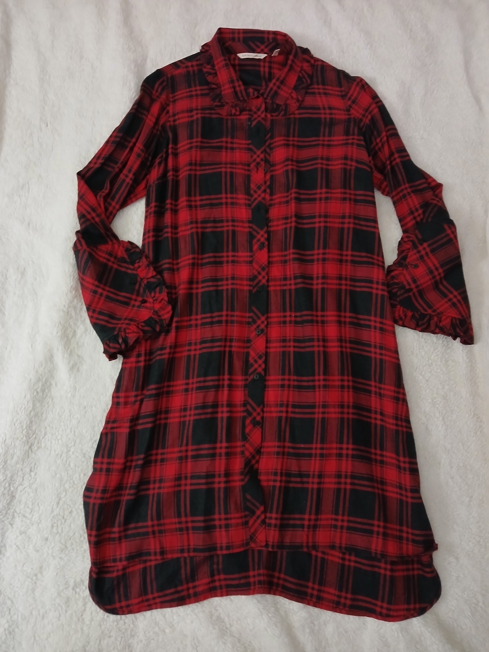 Soft Surroundings Red and Black Plaid Long Sleeve Shirt Dress